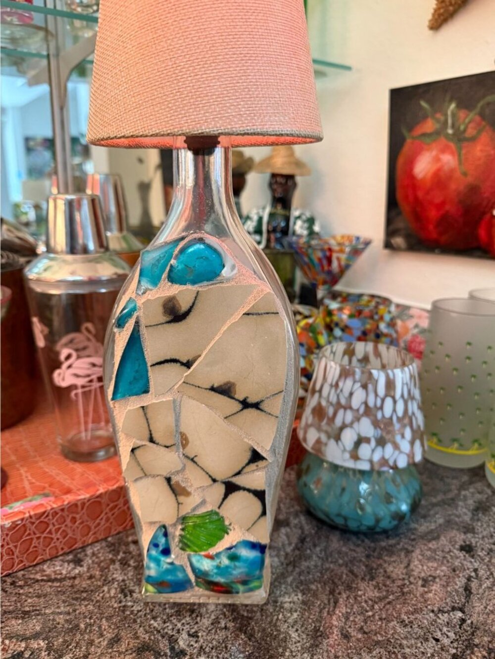 Table Bottle Lamp ~ Cordless ~ Patio ~ Bar ~ Night Light ~ Mosaic Art Glass